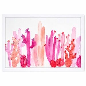 Pink Pink Cactus Flower and Cactus Framed Canvas 12x18 inches